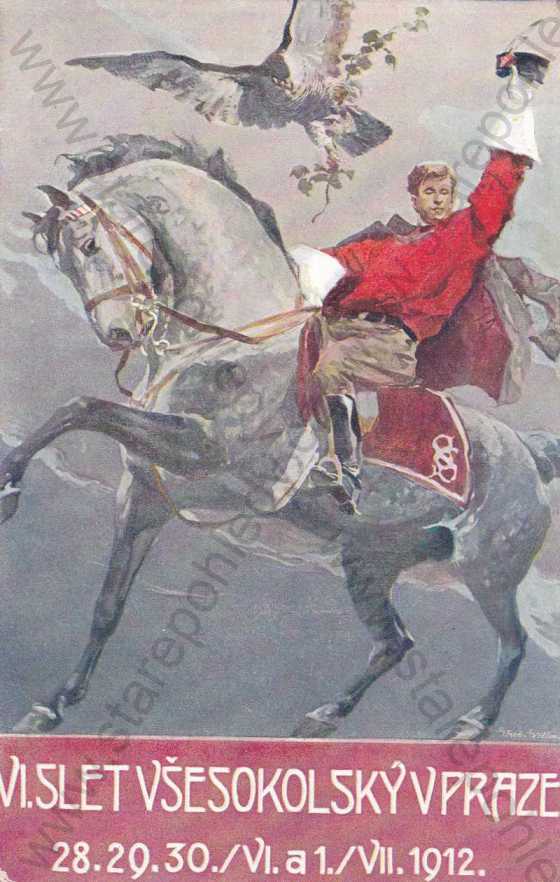  - VI.všesokolský slet, r.1912, muž na koni, kresba