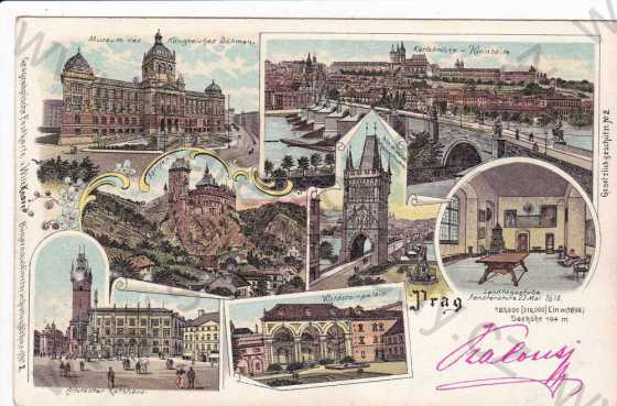 - Praha, více záběrů, Národní muzeum, Valdštejnský palác, Karlův most, Staroměstská radnice, kresba, DA, koláž