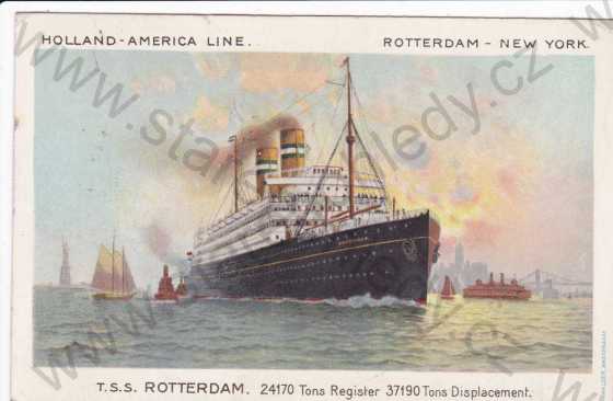  - Zaoceánský parník T.S.S.Rotterdam, plachetice, socha Svobody, lodě, kresba