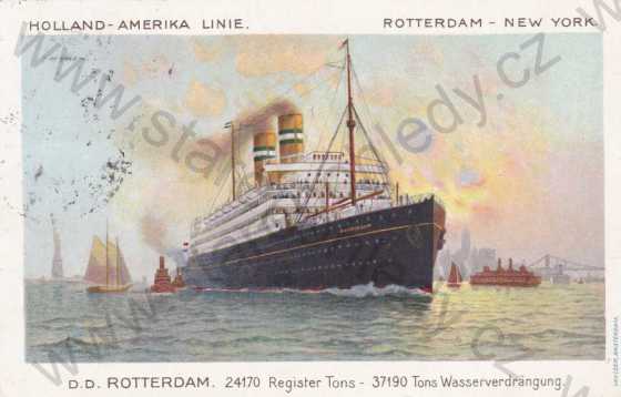 - Zaoceánský parník D.D.Rotterdam, socha Svobody, lodě, plachetnice, kresba