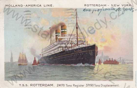  - Zaoceánský parník T.S.S.Rotterdam, lodě, socha Svobody , kresba