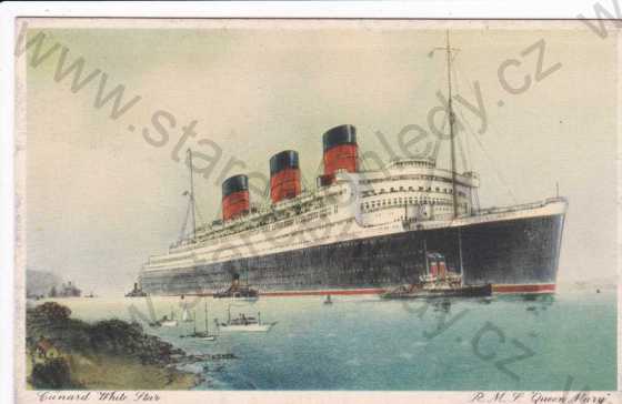  - Zaoceánský parník R.M.S.Queen Mary, lodě, plachetnice, kresba