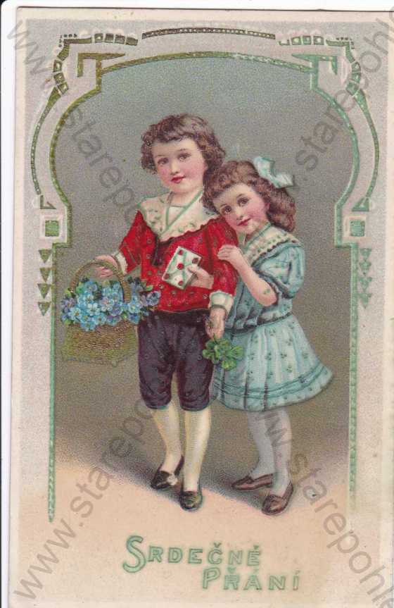  - Srdečné přání, chlapec a děvče s košíčkem květin a dopisem, kresba, plastická karta, zlacená, koláž