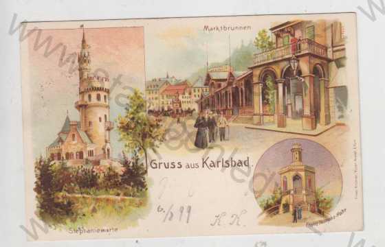  - Karlovy Vary (Karlsbad), Marktbtunnen, více záběrů, kolorovaná, koláž, DA