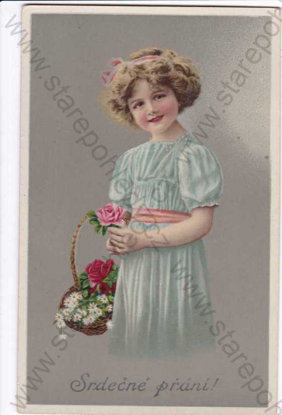  - Srdečné přání, děvčátko s košíčkem květin
