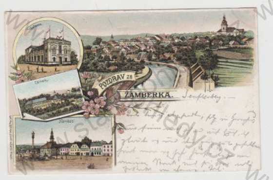  - Žamberk, Ústí nad Orlicí, sokolovna, zámek, náměstí, pohled na město, kolorovaná, koláž, DA