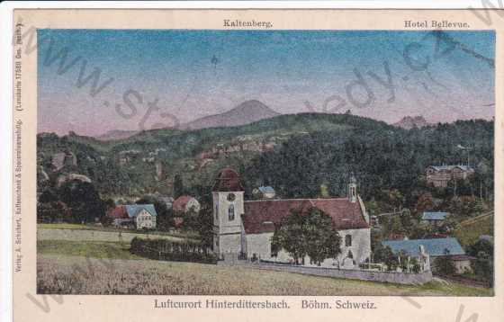  - Zadní Jetřichovice (Hinterdittersbach), České Švýcarsko, zaniklá osada, celkový pohled, hotel Bellevue, kolorovaná