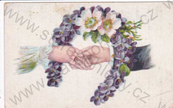  - Přání, spojené ruce muže a ženy, květiny, kresba