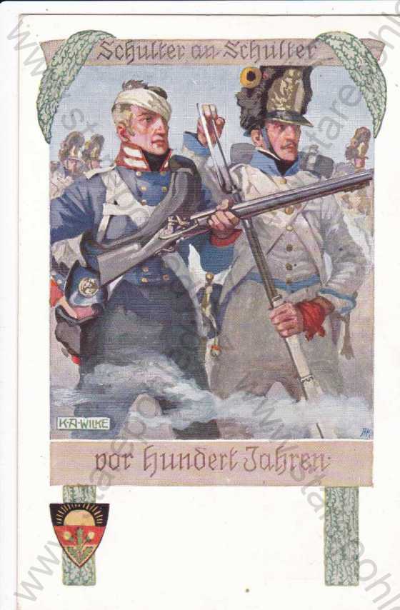  - Vojáci v bitvě, znak s barvami německé vlajky, koláž, kresba