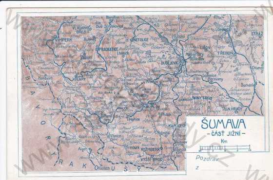  - Šumava, mapa jižní části Šumavy, kresba