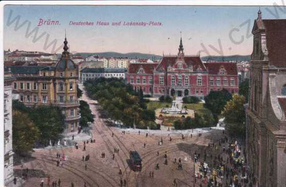  - Brno, Německý dům a Lažanského náměstí, tramvaj, kolorovaná