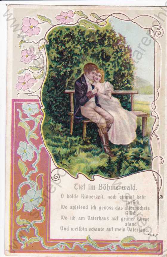  - Milostný pár na lavičce, báseň, kresba, koláž, plastická karta