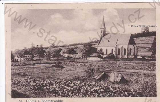  - Svatý Tomáš, část obce Přední Výtoň, kostel, v pozadí Vítkův kámen-zřícenina gotického hradu, foto J.Wolf