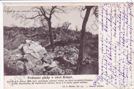  - Klapý, Lovosice, sesunutí vrchu Hazmburk r.1898, pohled na 8 zničených budov, DA