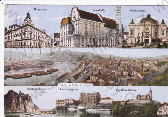  - Ústí nad Labem (Aussig), více záběrů města, hrad Střekov, Labe, parník, kresba