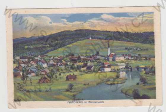  - Český Krumlov, Frymburk (Friedberg), Lipno, pohled na město, zatopeno, kolorovaná