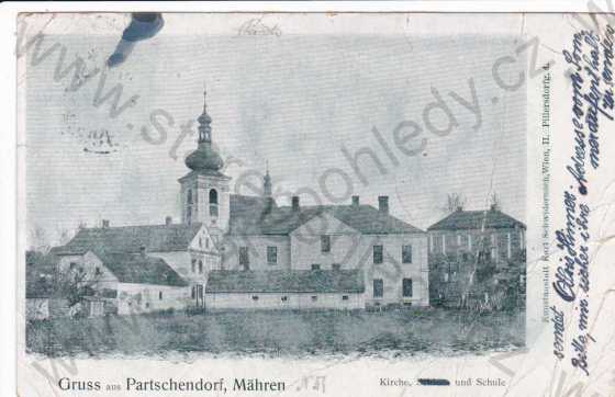  - Bartošovice (Partschendorf), kostel a škola, kolorovaná, DA