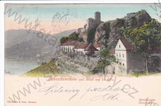  - Ústí nad Labem (Aussig a.d.Elbe), Střekov (Schreckenstein), hrad, kresba, DA