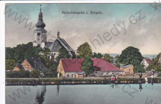  - Jindřichovice (Heinrichsgrün i.Erzgeb.), kostel sv.Martina a část obce, kolorovaná