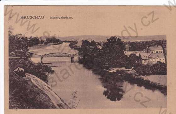  - Hrušová (Hruschau), část obce, Masarykův most, foto J.Borůvka, kolorovaná