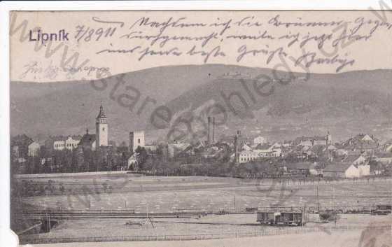  - Lipník nad Bečvou (Leipnik), celkový pohled, zvonice, vagóny, kolorovaná, DA