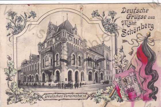  - Šumperk (Mährisch Schönberg), budova Německé Besedy, znak města, kolorovaná, koláž