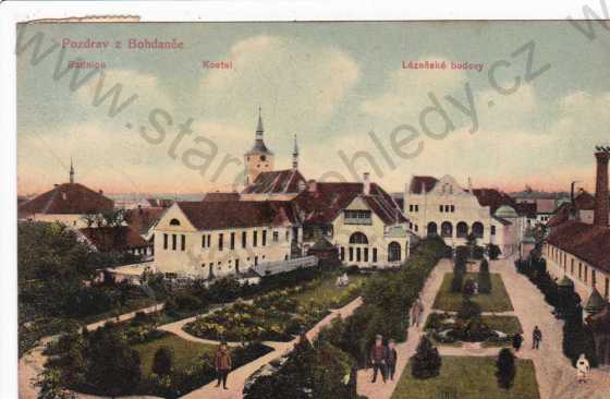  - Lázně Bohdaneč, část města, radnice, kostel, lázeňské budovy, kresba