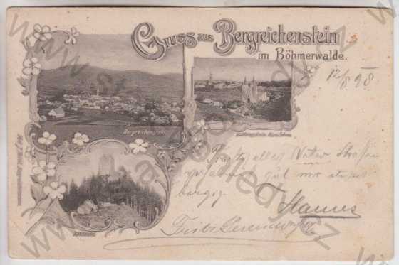  - Kašperské Hory (Bergreichenstein) - celkový pohled, kostel, zřícenina Karlsburg, koláž, DA