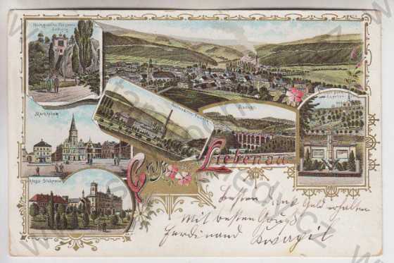  - Hodkovice nad Mohelkou (Liebenau) - celkový pohled, továrna, viadukt, poník padlých, náměstí, zámek Sychrov, litografie, DA, koláž, kolorovaná
