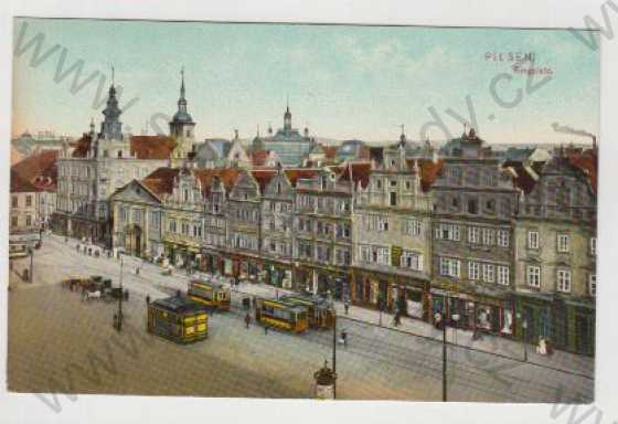  - Plzeň (Pilsen), Náměstí, Tramvaj, Kůň, Povoz, Obchod, kolorovaná
