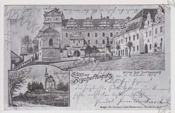  - Horšovský Týn (Bischofteinitz) - část náměstí, kostel sv. Anny, stříbrná fólie, litografie, DA, koláž