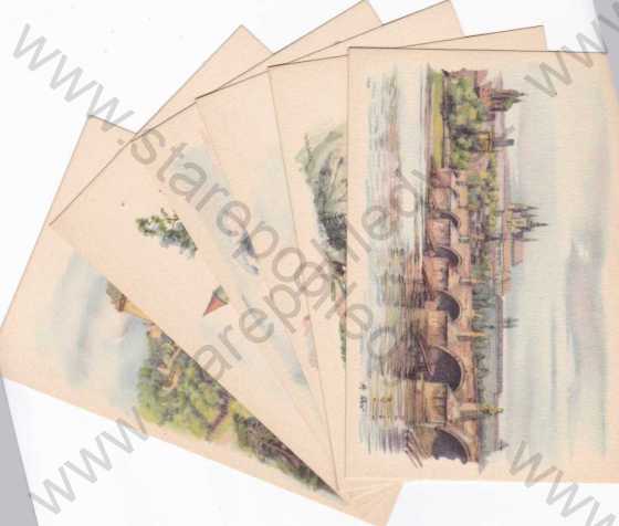 - Hrady, zámky, Karlův most, 12ks.pohlednic v obalu, kresba A.J.Alex, lakované