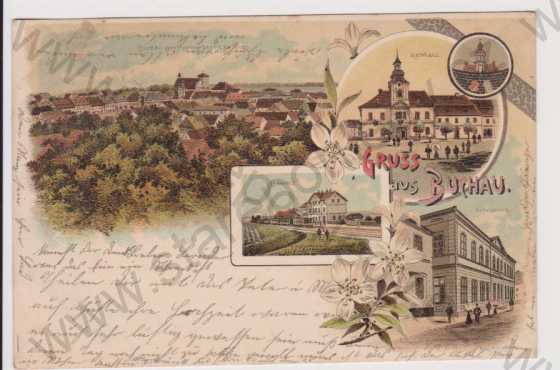  - Bochov (Buchau) - celkový pohled, radnice, nádraží, škola, litografie, DA, koláž, kolorovaná
