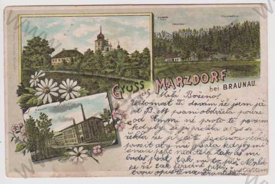  - Martínkovice (Märzdorf) - kostel, továrna, hájovna, kaple, litografie, DA, koláž, kolorovaná