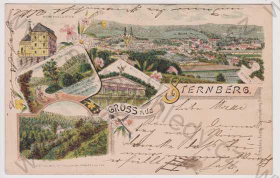  - Šternberk (Sternberg) - celkový pohled, klášter, Kiosk, Grunthal, vila, litografie, DA, koláž, kolorovaná