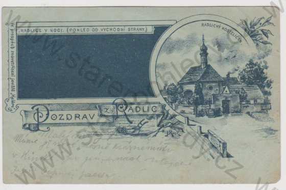  - Praha - Radlice - kostel, Radlice v noci (pohled od východní strany), koláž, DA, litografie
