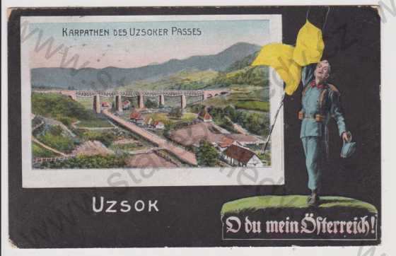  - Podkarpatská Rus - Užok (Uzsok) - železniční most, vlajka, voják, koláž, kolorovaná