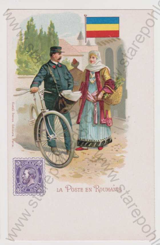 - Rumunsko - motiv, pošta, známka, vlajka, DA, litografie, koláž, kolorovaná