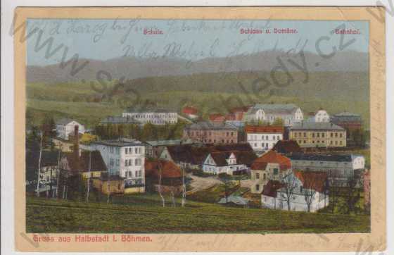  - Meziměstí (Halbstadt), zámek, škola, kolorovaná Náchod 