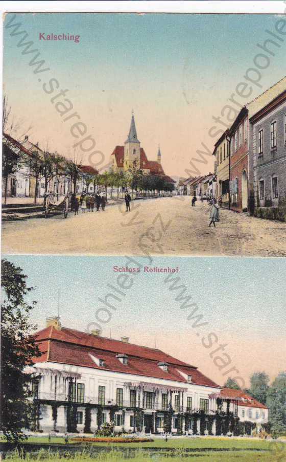  - Chvalšiny(Kalsching), dva záběry obce, kostel sv.Máří Magdalény, zámek Červený Dvůr