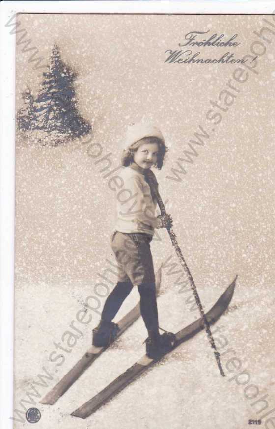  - Vánoční přání, děvčátko na lyžích, koláž