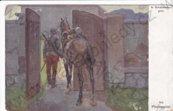  - Koňská nemocnice, voják a kůň, kresba