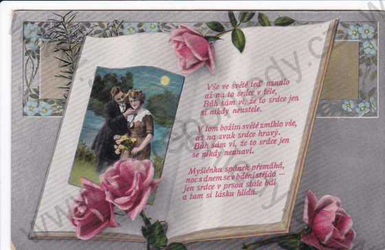  - Milostná báseň, milenci, kniha, růže, koláž