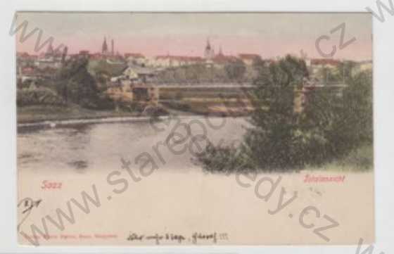  - Louny, Žatec (Saaz), Pohled na město, Most, Řeka, kolorovaná, DA