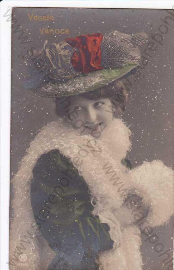  - Vánoční přání, dívka v klobouku, kolorovaná, koláž