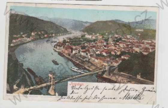  - Děčín (Tetschen), Řeka, Labe, Most, Loď, Pohled na město, kolorovaná, DA