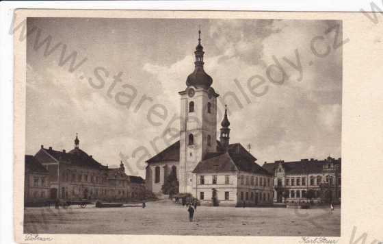  - Dobřany u Plzně(Dobrsan), náměstí, kostel sv.Mikuláše se zvonicí