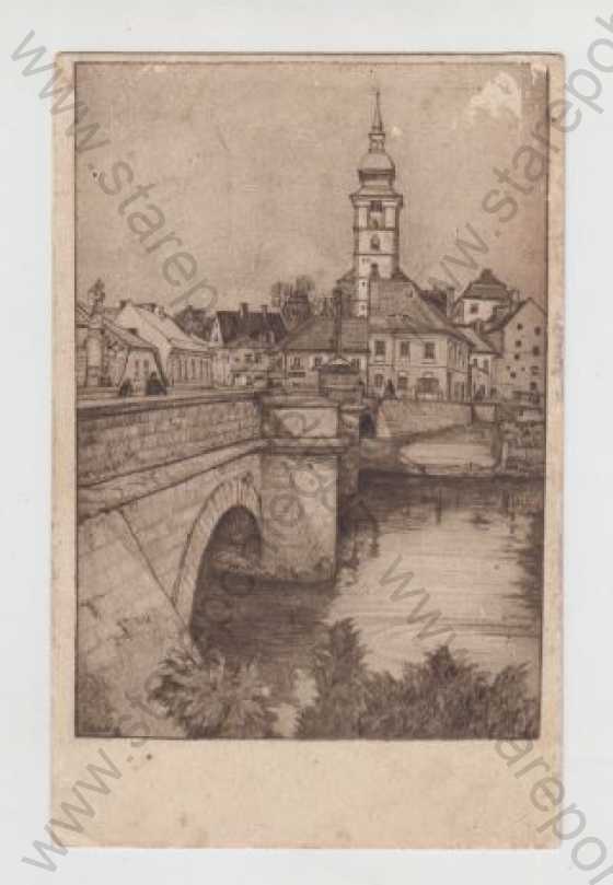  - Česká Lípa, Mimoň (Niemes), Most, Kostel, Řeka, kresba