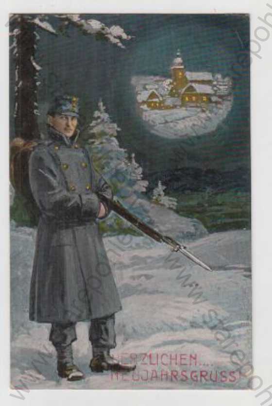  - Nový rok (Herzlichen Neujahrsgruss), Voják, Sníh, Zima, Zbraň, kolorovaná