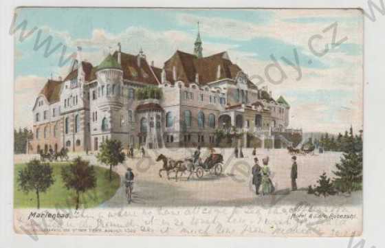  - Cheb, Mariánské lázně (MArienbad), Hotel, Kavárna, Hotel & Café Rübezahl, Kůň, Kočár, Bicykl, kolorovaná, DA